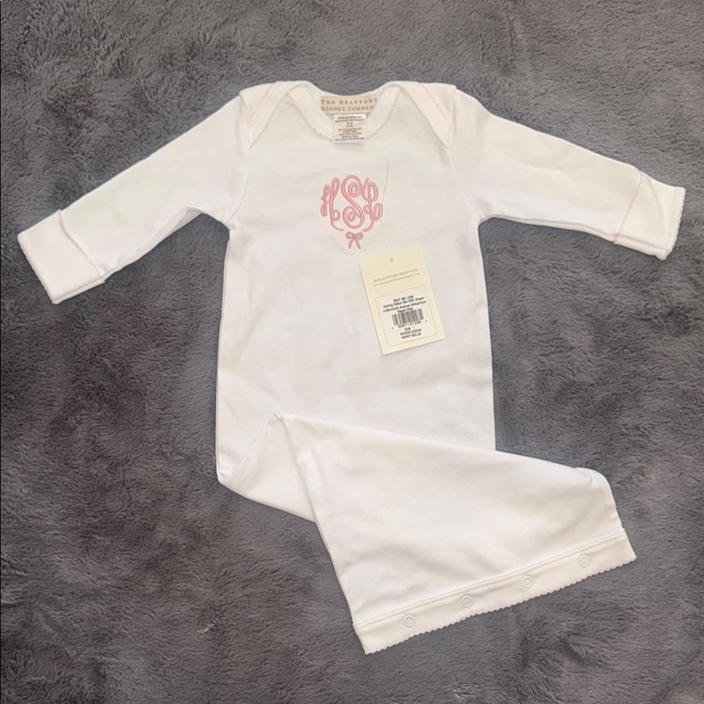 The Beaufort Bonnet Company Newborn Gown monogrammed with initials HLS